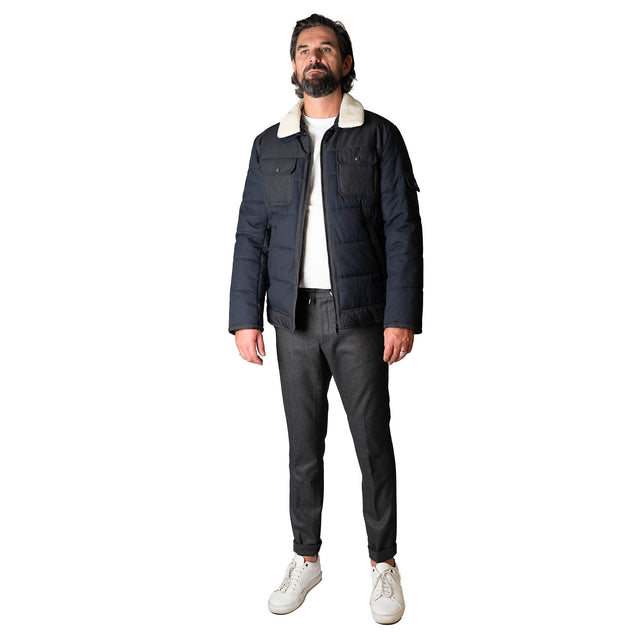 Blouson Technique "Verbier" Bleu Marine Matelassé avec Col Fourrure Amovible