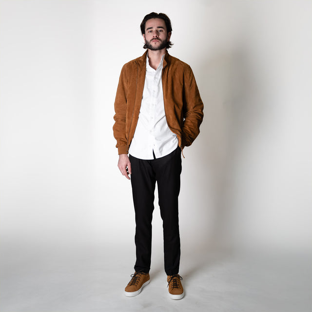 Blouson "Alain" en Cuir Camel à Bords Côtes aux Poignets et Bas de Blouson