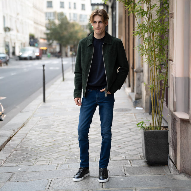 Blouson "James" en Cuir Vert à Col Chemise