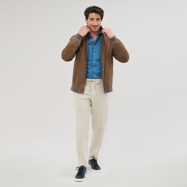 Blouson "Casadelmar" en Chèvre Agneau Taupe Col Montant et Bord Côte