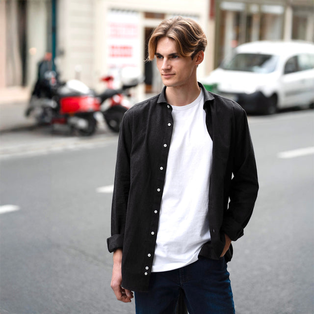 Chemise Col "Cutaway" en Flanelle à Chevrons Anthracite/Bronze Foncé