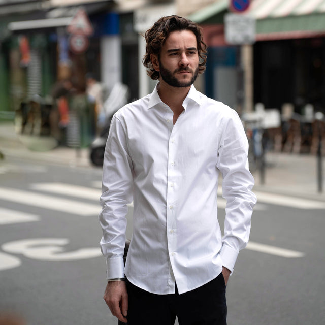 Chemise Col "Italien" en Popeline Blanche Poignets Mousquetaire