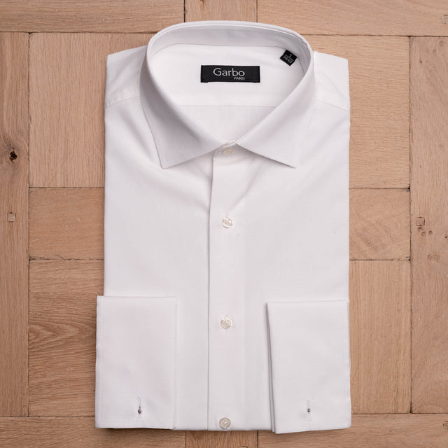 Chemise Col "Italien" en Popeline Blanche Poignets Mousquetaire