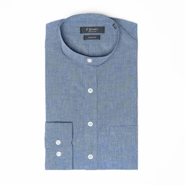 CHEMISE COL MAO BLEU FONCÉ EN LIN & COTON