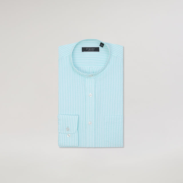 Chemise Col Mao en Seersucker à Rayures Verte