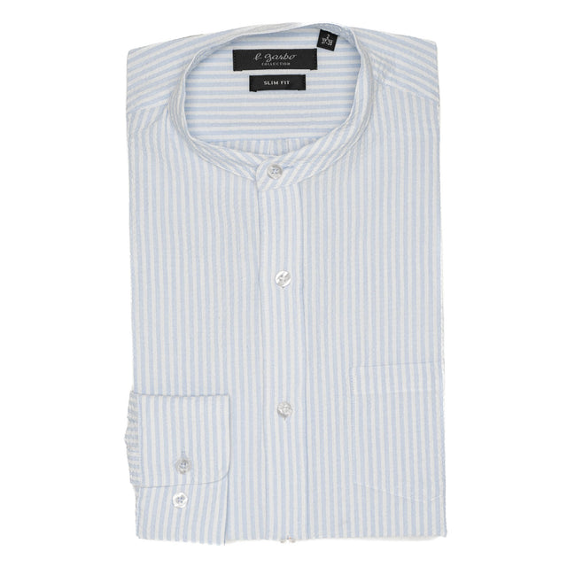 Chemise Col Mao en Seersucker à Rayures Ciel