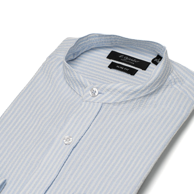 Chemise Col Mao en Seersucker à Rayures Ciel