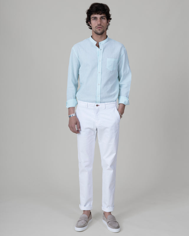 CHEMISE COL MAO EN SEERSUCKER À RAYURES VERTE