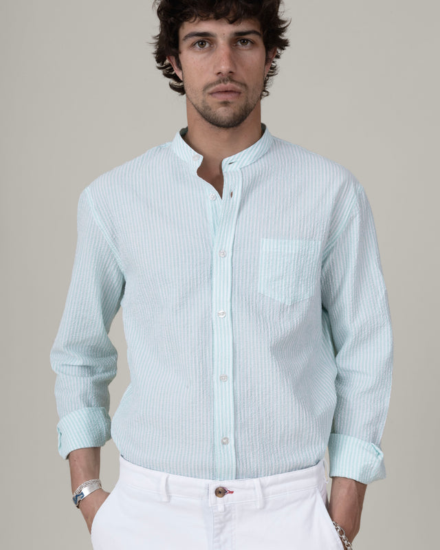 CHEMISE COL MAO EN SEERSUCKER À RAYURES VERTE