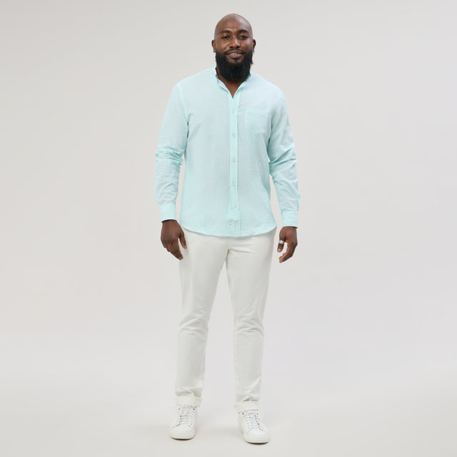 Chemise Col Mao en Seersucker à Rayures Verte