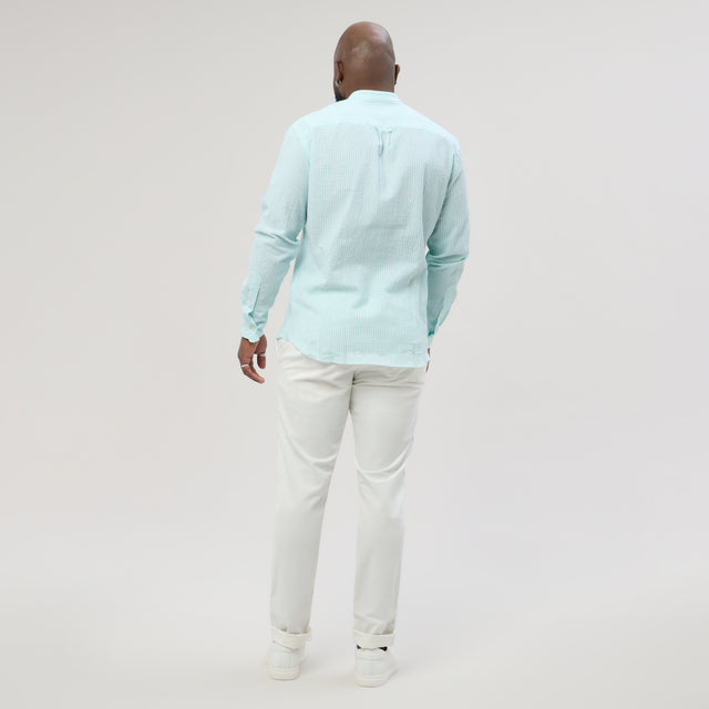 Chemise Col Mao en Seersucker à Rayures Verte
