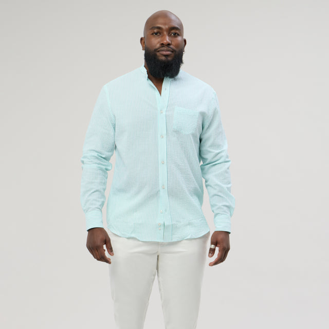 Chemise Col Mao en Seersucker à Rayures Verte