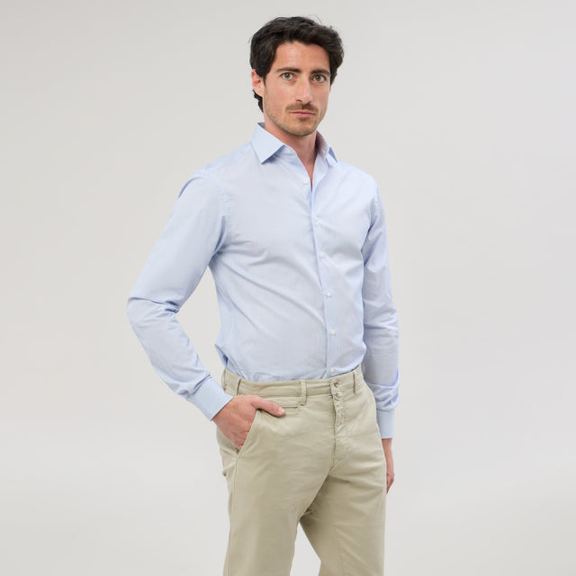 Chemise Col "Italien" à Rayures Baton Bleu Lumineux