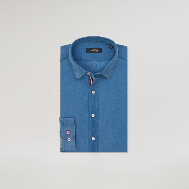 Chemise "Monaco" en Jeans Délavé (Chambray) avec Ganse Tricolore