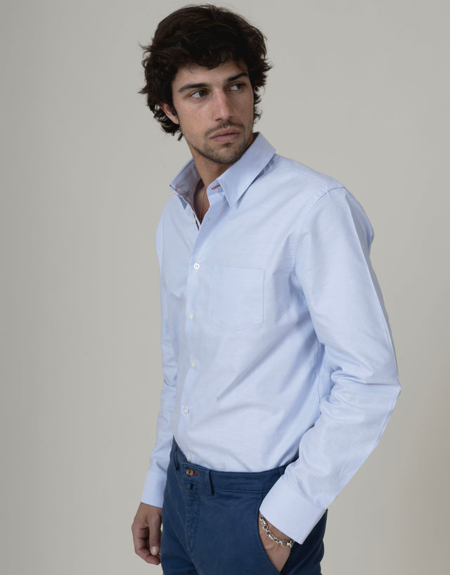 CHEMISE CORFOU EN OXFORD BLEU CIEL AVEC GANSE BLEU BLANC ROUGE