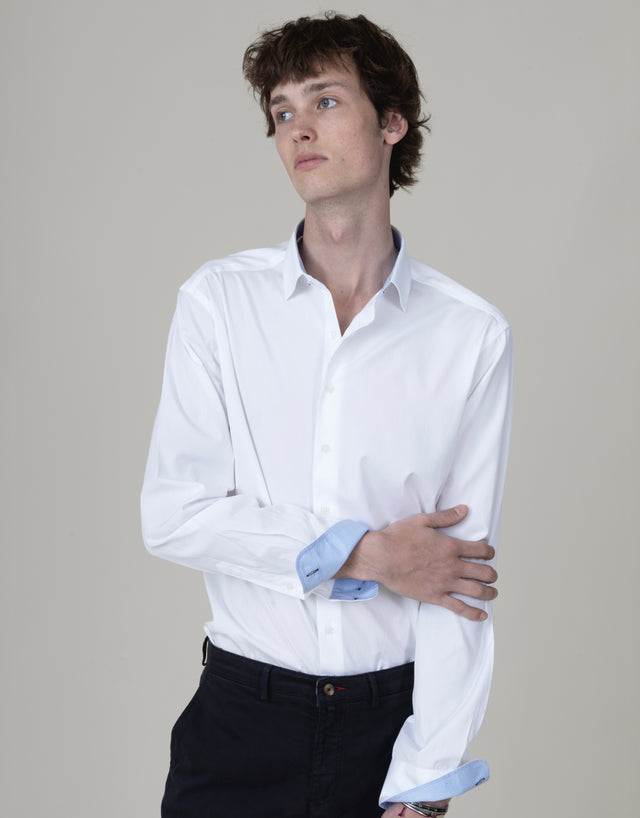 CHEMISE COL ITALIEN BLANCHE AVEC OPPOSITION EN PIEDS DE POULES BLEU