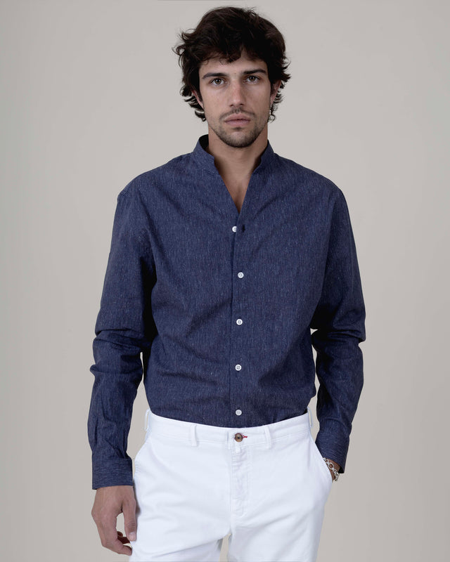 CHEMISE COL MONTE-CARLO EN COTON & LIN BLEU FONCÉ