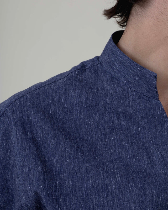 CHEMISE COL MONTE-CARLO EN COTON & LIN BLEU FONCÉ