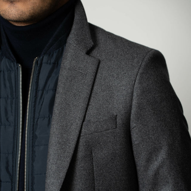 Veste "Malraux" en Laine à Pied de Poule Grise à Plastron Démontable