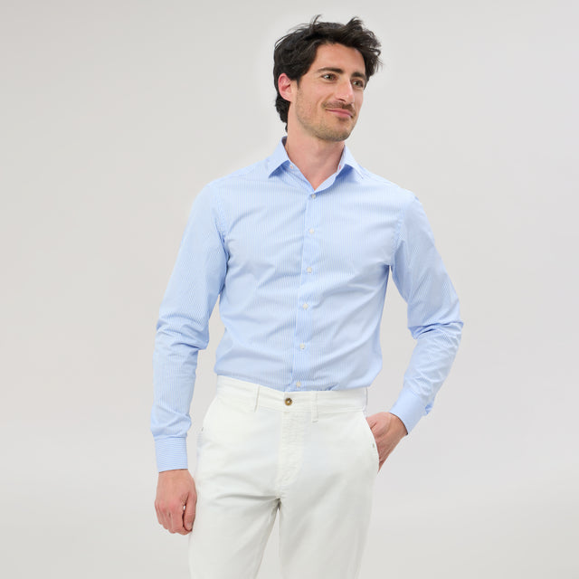 Chemise Col "Italien" à Rayures Batôns Bleu Ciel
