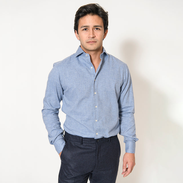 Chemise Nouveau Col "Cutaway" en Flanelle à Chevrons Bleu Ciel