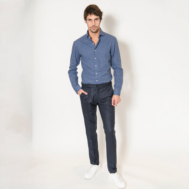 Chemise Col Nouveau "Cutaway" en Flanelle à Chevrons Bleu