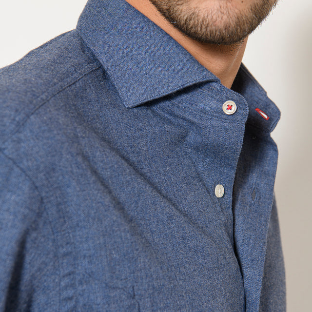 Chemise Col Nouveau "Cutaway" en Flanelle à Chevrons Bleu