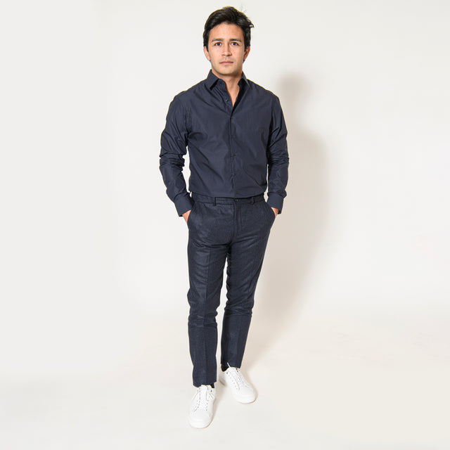 Chemise Col "Italien" en Popeline Bleu Marine avec Boutons Ton sur Ton