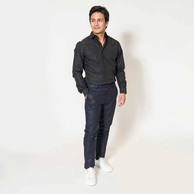 Chemise Col "Italien" en Popeline Noir avec Boutons Ton sur Ton