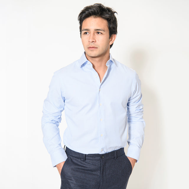 Chemise Col "Italien" Piquée Bleu Ciel