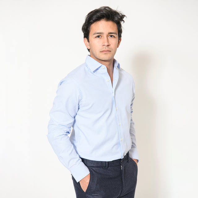 Chemise Col "Italien" Piquée Bleu Ciel