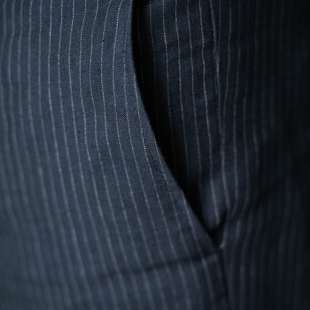 Pantalon en Lin "Estagnol" à Lacet amovible Bleu Marine Rayé Blanc