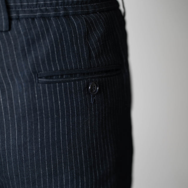 Pantalon en Lin "Estagnol" à Lacet amovible Bleu Marine Rayé Blanc
