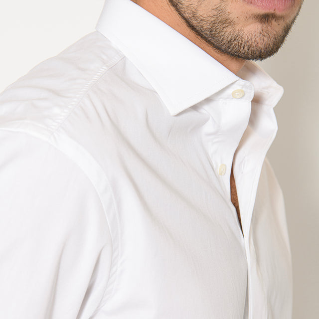 Chemise Col "Italien" en Popeline Blanche et Gorge Caché (Boutons Cachés)