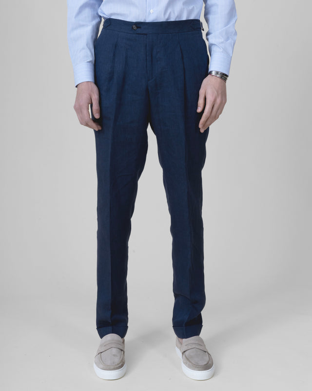 Pantalon à Pinces et Pattes de Serrage "Corinthe" en Lin Bleu Marine