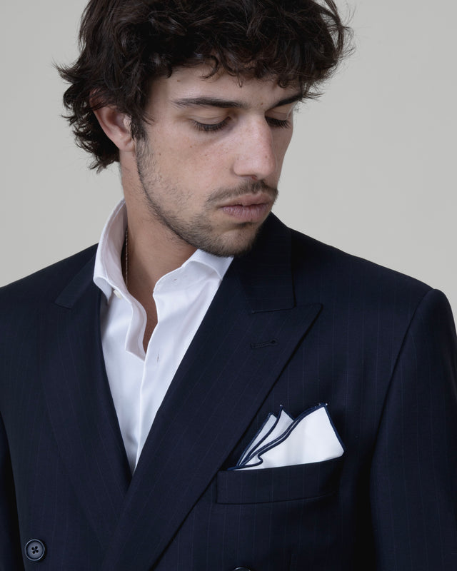 Costume Croisé "Paros" Bleu Marine à Rayures Fines Ton sur Ton