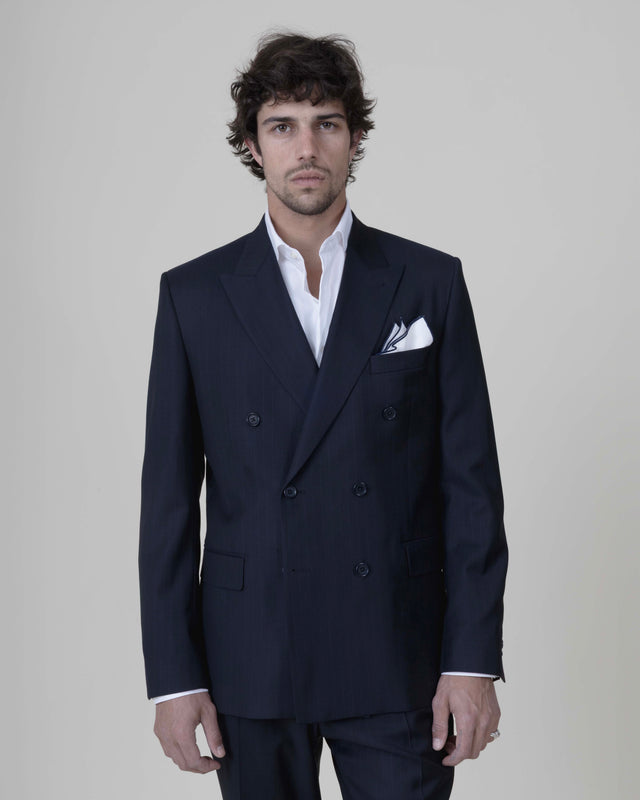 Costume Croisé "Paros" Bleu Marine à Rayures Fines Ton sur Ton