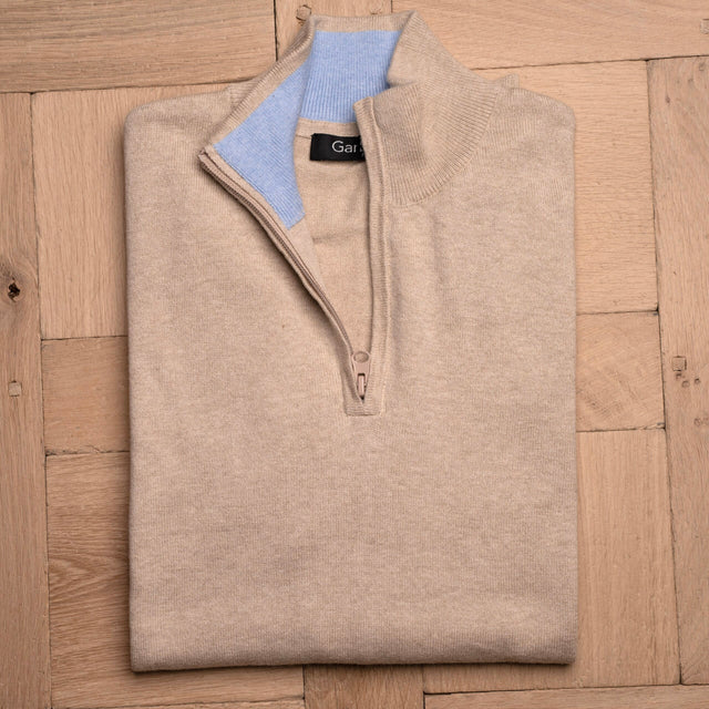 Pull à Col Montant Zippé Beige en Coton et Cachemire