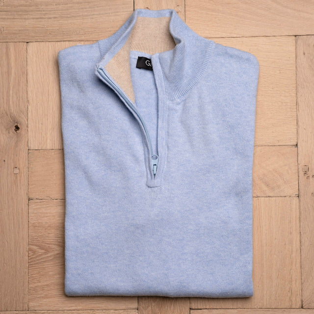 Pull à Col Montant Zippé Bleu Ciel en Coton et Cachemire