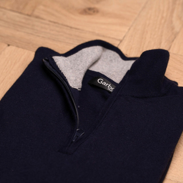 Pull à Col Montant Zippé Bleu Marine en Coton et Cachemire