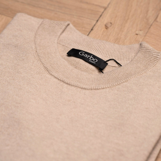 Pull Col Rond Beige en Coton et Cachemire