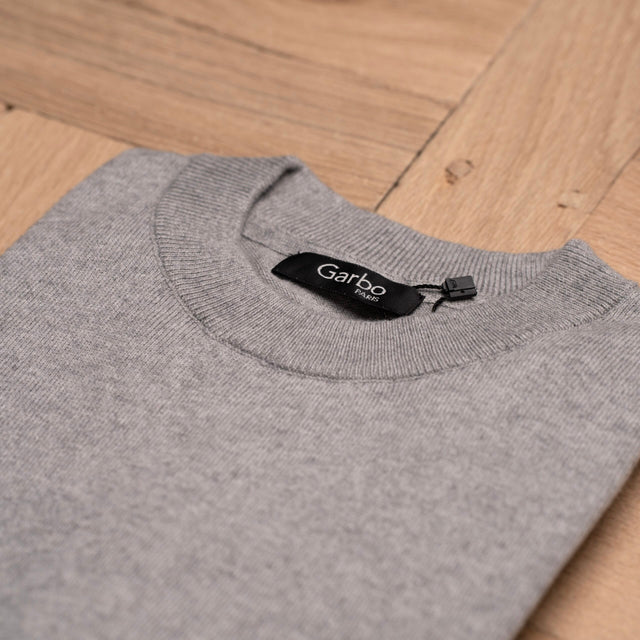 Pull Col Rond Gris Clair en Coton et Cachemire