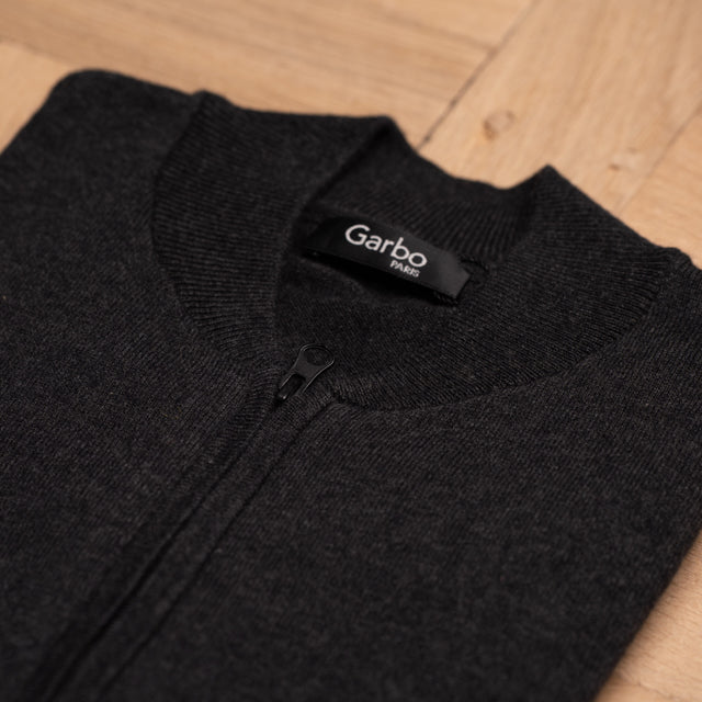 Pull Teddy Zippé Gris Anthracite en Coton et Cachemire