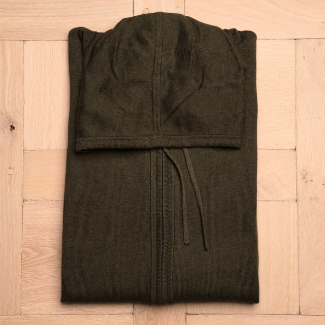 Pull Sweat à Capuche Zippé Kaki en Coton et Cachemire