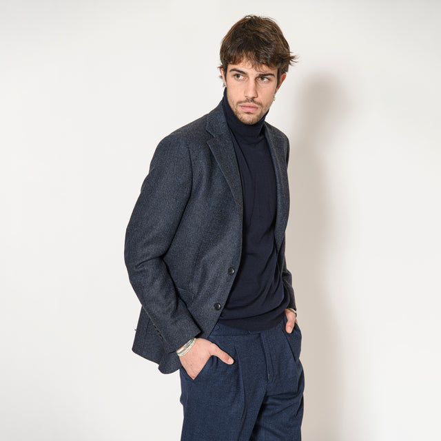 Veste à Coudières "Enzo" en Tweed de Laine et Cachemire Bleu Marine Chinée Bottoli