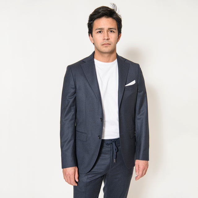 Veste "Fangio" en Laine à Tout Petit Pied de Poule Bleu marine avec Coudières Vitale Barberis Canonico