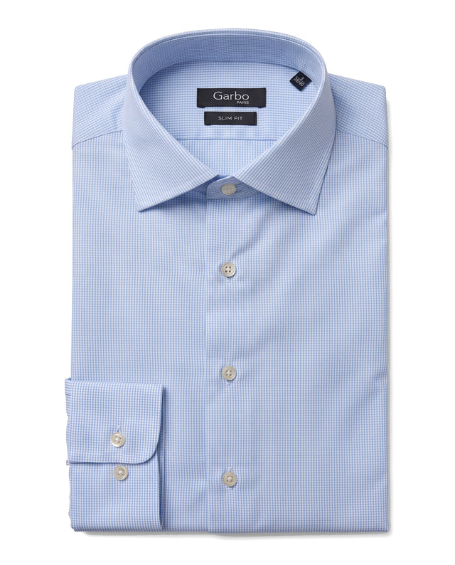 CHEMISE COL ITALIEN À VICHY BLEU CIEL