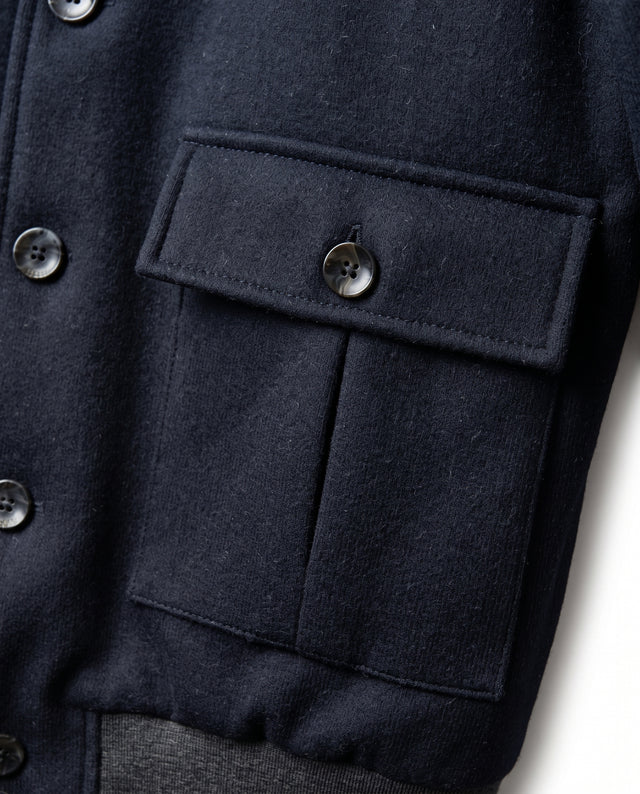 BLOUSON TEDDY EN LAINE MÉLANGÉ ET CACHEMIRE BLEU MARINE ET BORD CÔTE GRIS FONCÉ