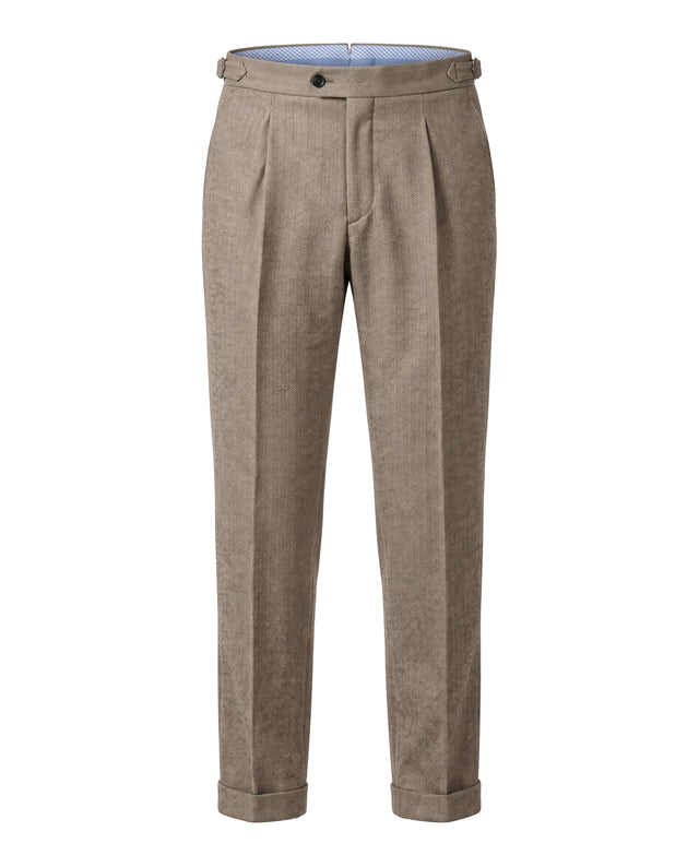 Pantalon à Pinces "Achille" en Flanelle Chevrons Beige