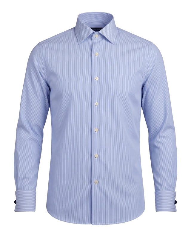 CHEMISE COL ITALIEN BLEU À FINES RAYURES BLANCHE POIGNETS MOUSQUETAIRE